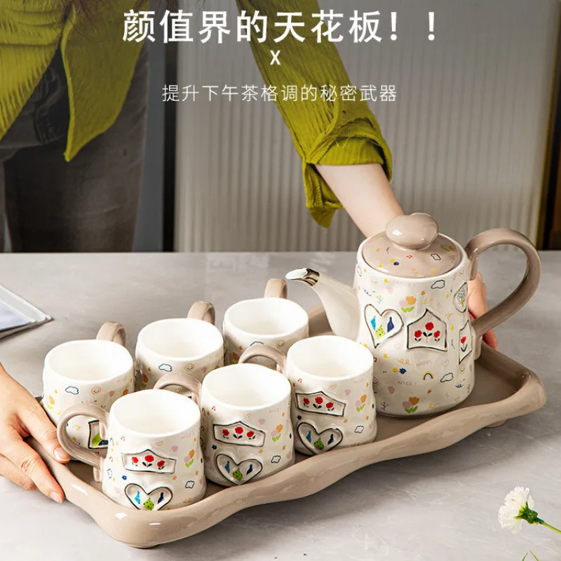 New Ins Light Luxury Tea Set Set Underglaze Color Ceramic Water Cup Teacup Teapot Combination Cute Style Living Room Tea Set