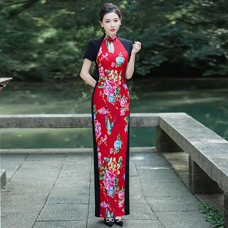 

Черно-красное лоскутное улучшенное длинное платье Cheongsam в стиле ретро для похудения, модное платье с высоким разрезом, элегантное Ципао