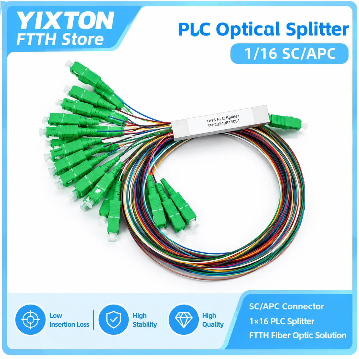 1x16 SC/APC PLC Fiber Optic Splitter Mini Type 0.9mm Color Pigtail Single Mode 1310/1550nm for FTTH PON Network