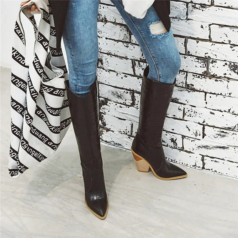 Plus Size Winter Western Women Knee High Boots Yellow Crocodile Print Lady Pointed Toe Retro Cowgirl Block Wedge Heel Long Boots