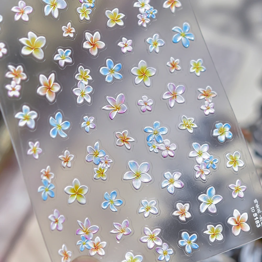 Lebendige Frangipani-Blume, 5D-Nagelkunst-Aufkleber, tropische bunte Plumeria Bloom, Sommer-Relief, selbstklebender Maniküre-Aufkleber zum Selbermachen