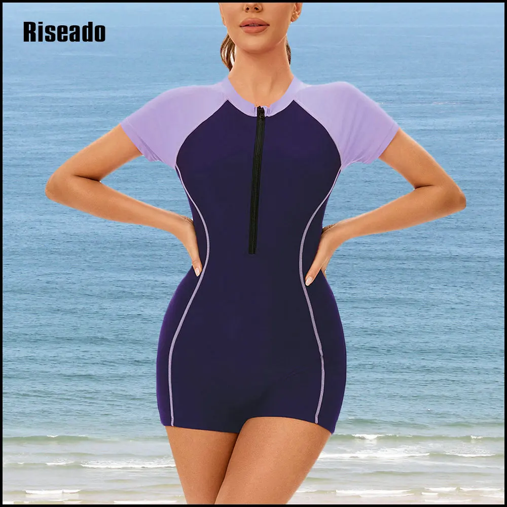 2025 New Womens Rash Guard Short Sleeve Zip Front One Piece Swimsuit with Boyshorts for Swimming Athletic Training