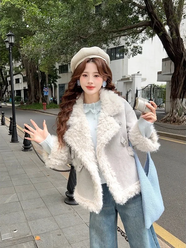 

Retro Lamb Fur Stand Collar Jaet Women's Thiened Warm Top Small Size Can Wear Winter New Sle Commute Sle Stand Ver...