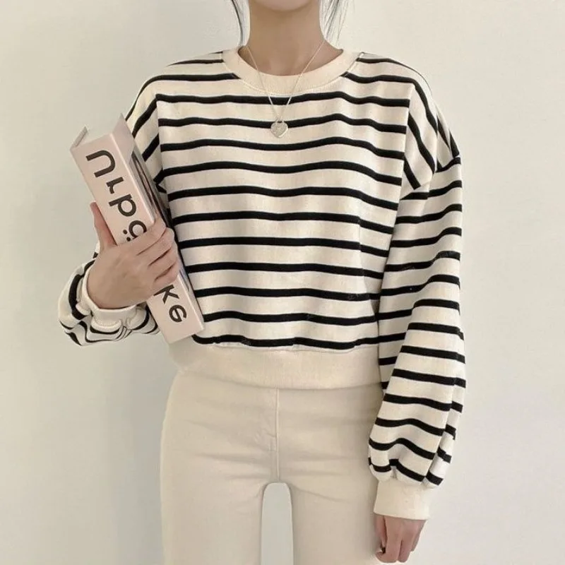 Spring Sweatshirts Women Street Korean Style Fashion All-match Casual Basic BF Long Sleeve Vintage Striped Lightweight O-neck