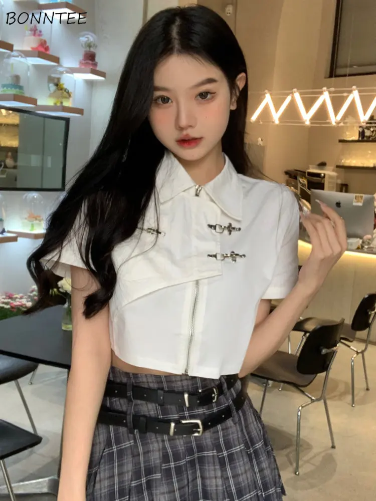 Shirts Women Retro Fashion Design Students Sweet Crop Daily Leisure Solid Simple All-match Turn-down Collar Summer Hotsweet Sexy