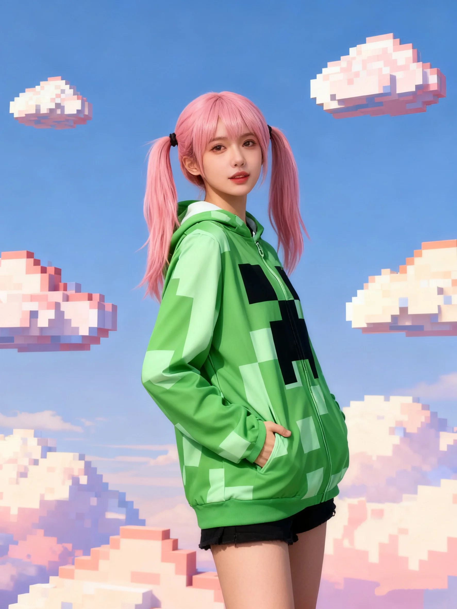 Kostium do cosplayu, zielona kurtka w stylu pixel, bluza, urocze ubrania, odzież codzienna, zabawna bluza z kapturem, strój na Halloween.