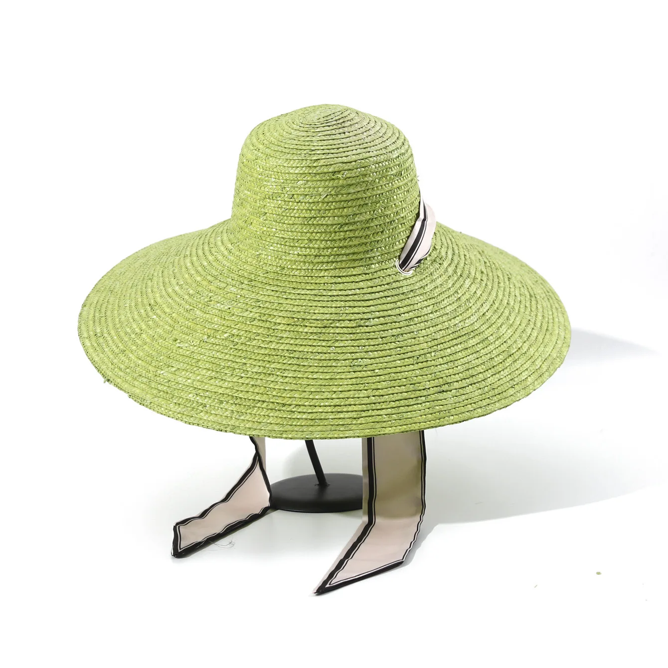 Light Green Extra Wide Brim Beach Hat with Ribbon, Light Luxury Vacation Sun Protection Cap