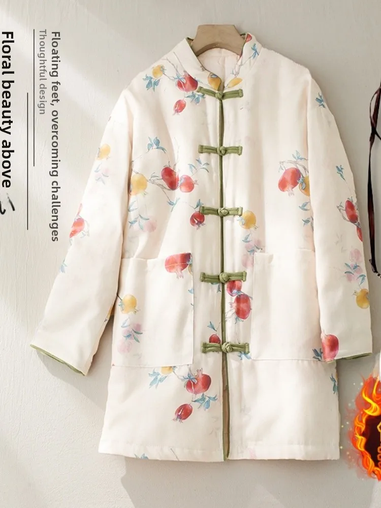 

Retro Floral Print Women's Cotton Jacket Thickened New Chinese Style Coat Mid-Length Sleeve Long Single Button Closure