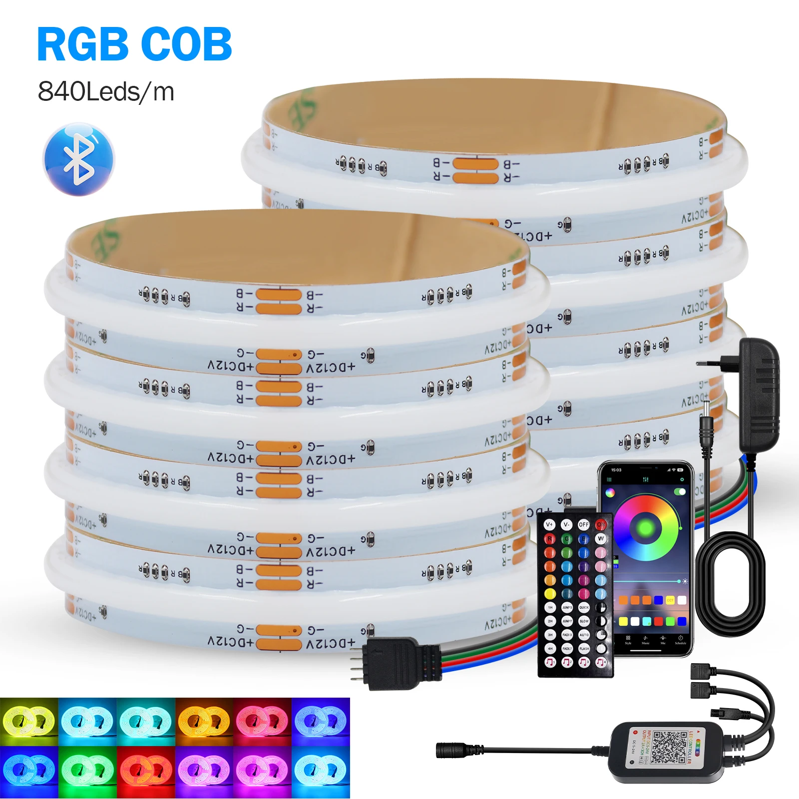 DC 12V 24V 840Leds/M RGB COB LED Strip Bluetooth APP Control TV BackLight Room Decoration Flexible Ribbon Tape Led Diode