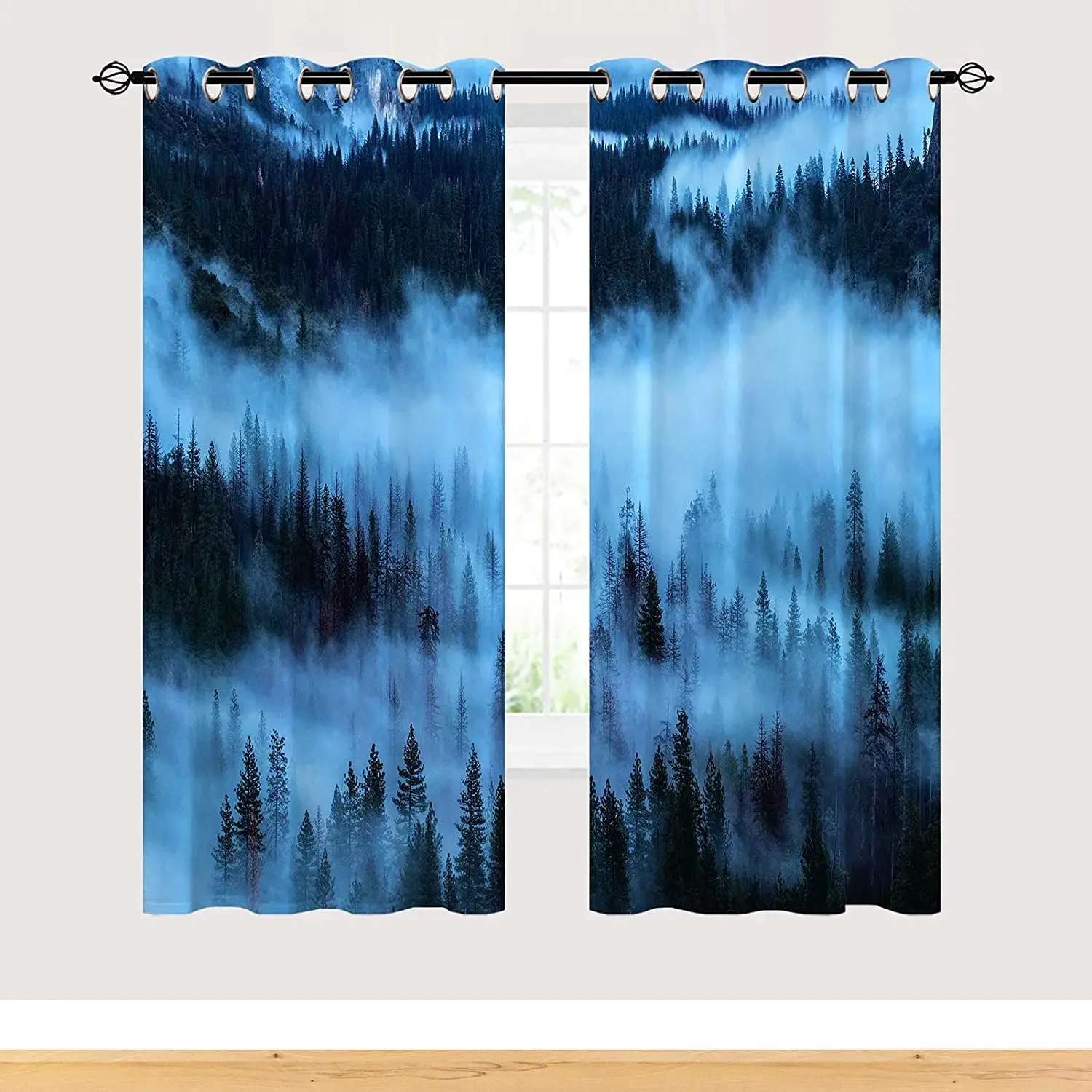 Double Bedroom Blackout Curtains Natural Scenery Themed Fog Forest and Woodland Elegant Room Curtains Can Be Short Curtains