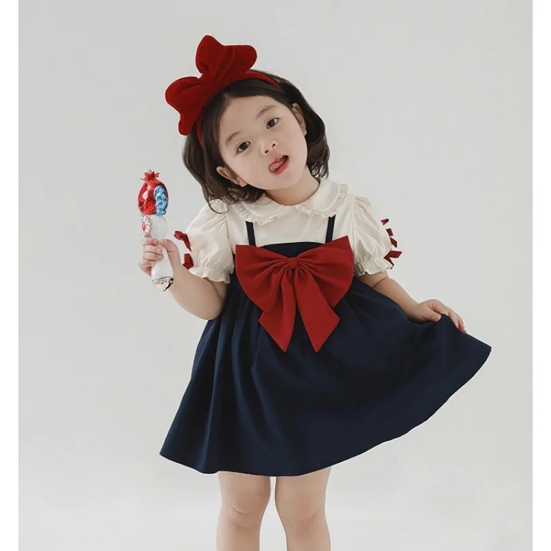 

2026 Summer New Children's Design Cute Collar Large Bow Decorative Half Sleeve Dress
