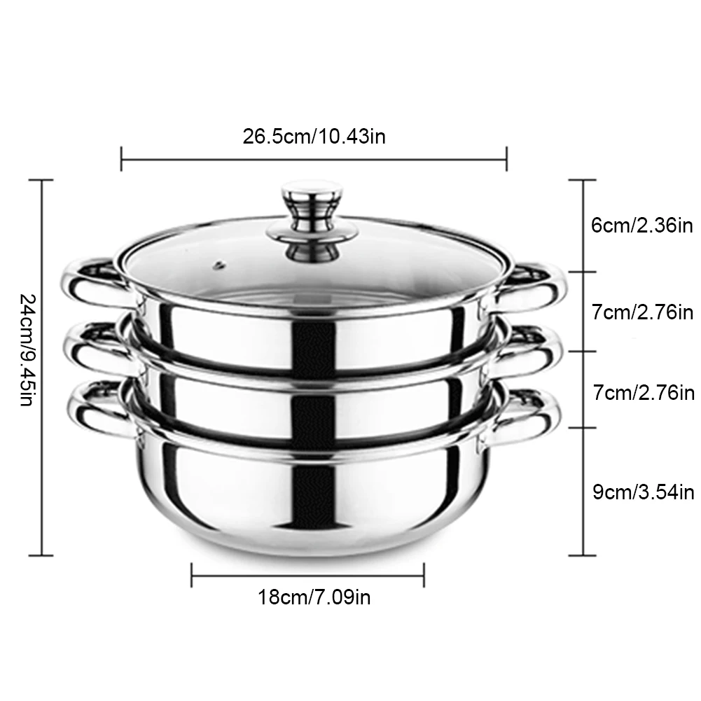 3-laags grote roestvrijstalen stoomkoker stoomboot pot multifunctionele voedselstomer met glazen deksel voor huishoudelijke kookbenodigdheden