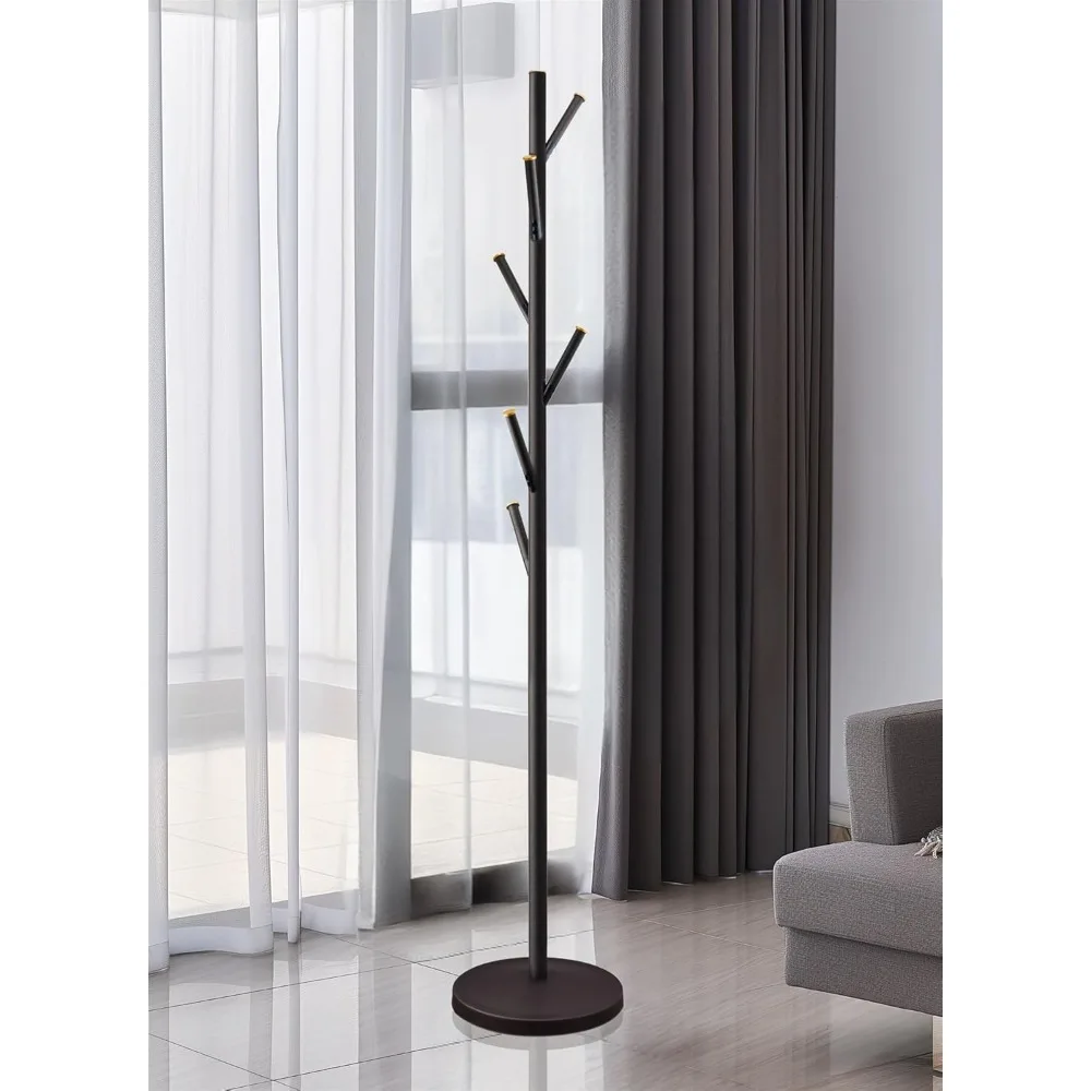 68" Modern 6 Hook Free Standing Metal Coat Rack, Weighted Base