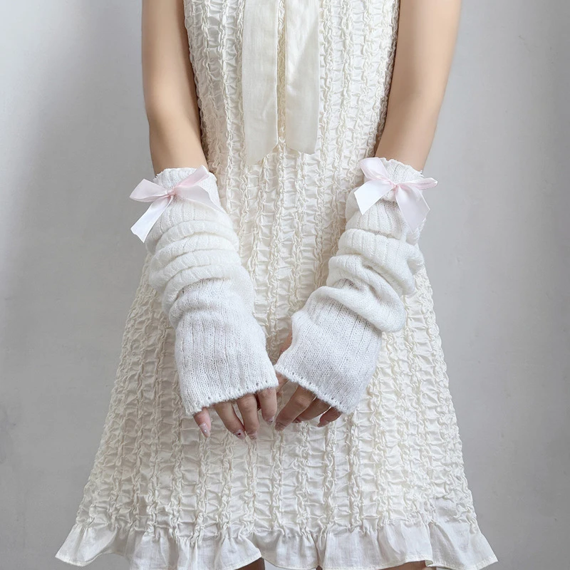 Zoete strik gebreide warme armmouwen meisje zachte elastische stof decoratieve vingerloze lange handschoenen feest casual mode-accessoire