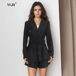 VGH Bowknots Lace Up Solid Elegant Blazers For Women Notched Collar Long Sleeve Split Slimming Blazer Female 2024 Fashion New