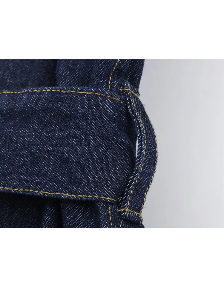 سترة نسائية شتوية عصرية من HH بتصميم كتف ثنيات من قماش الدنيم سترة واقية قصيرة للسيدات بأكمام طويلة وجيوب وحزام