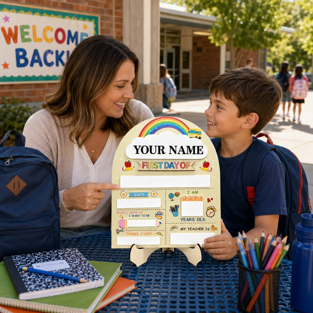 Personalized Name Kids First Day of School Sign, Custom Wooden Back to School Photo Booth Prop,First Day Memory Recording Board