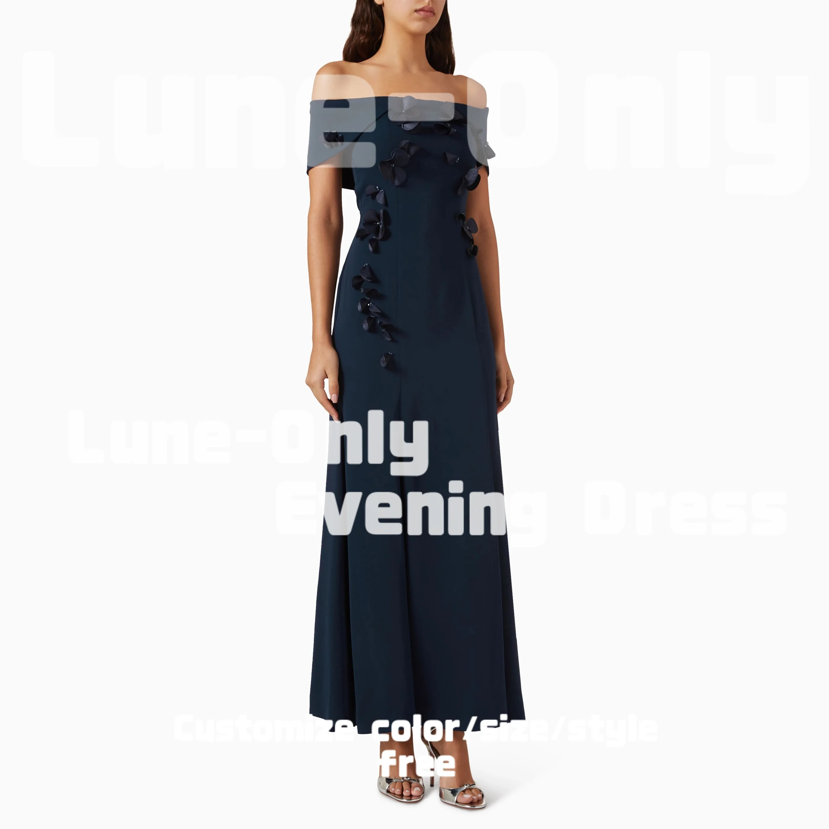 

Customized Off Shoulder Navy Elegant Evening Dresses For Formal Occasion 3D Flowers Sleeveless Midi Prom Dress Party Gown