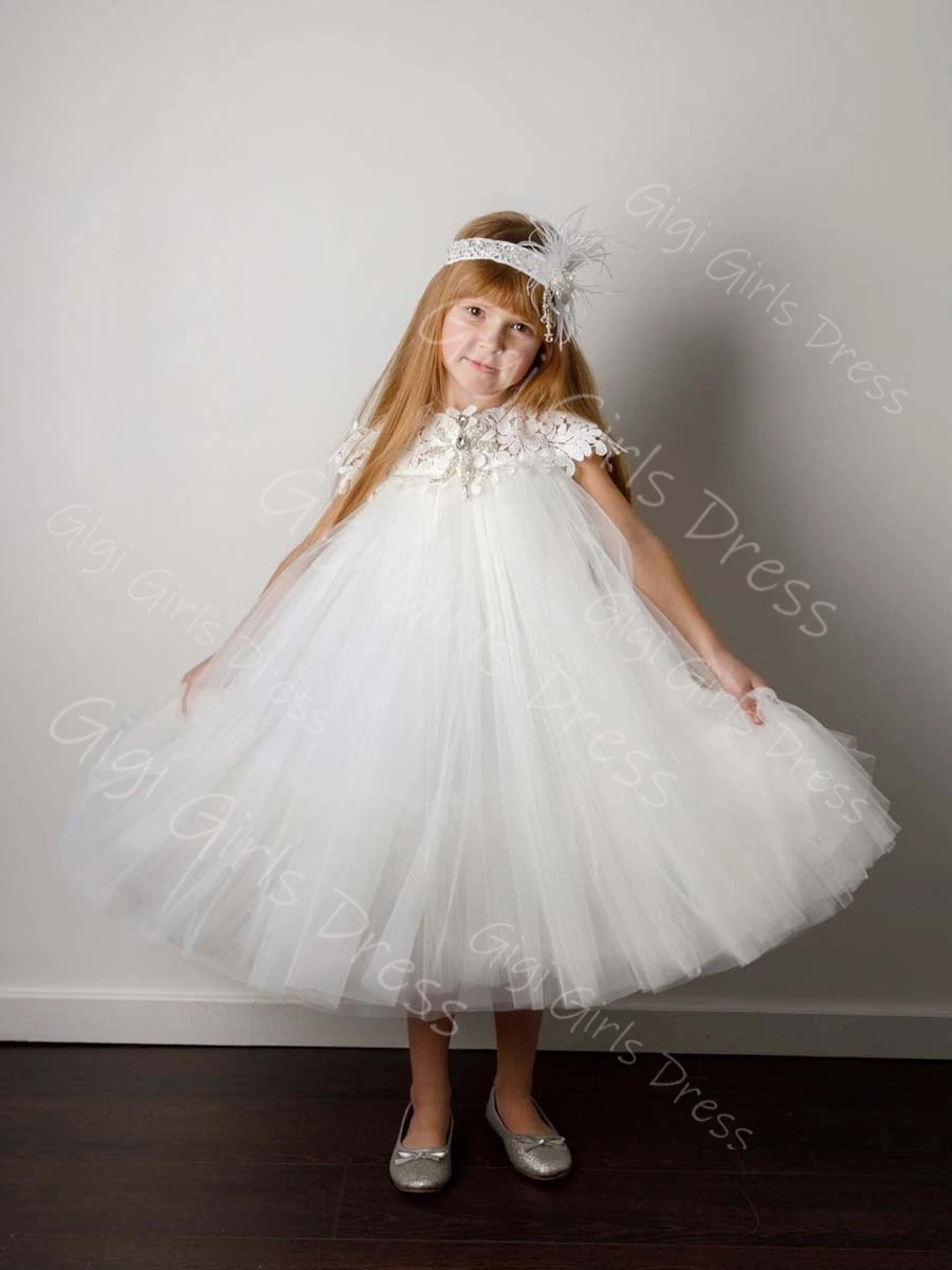 

Платье цвета слоновой кости/белое с цветочным узором для девочек, детское кружевное тюлевое платье с кристаллами и бисером для первого причастия, бальное платье длиной до чая для свадебной вечеринки на заказ