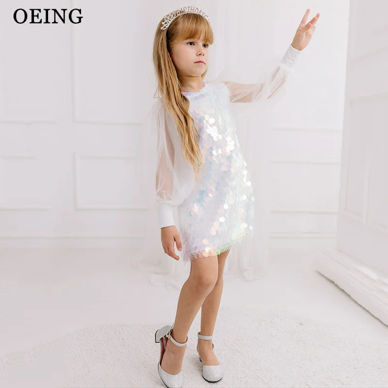 

OEING Блестящие платья для девочек в стиле русалки с цветочным узором, мини-платья с пайетками и бантом, с длинными рукавами, для дня рождения, платья принцессы 2026, на заказ