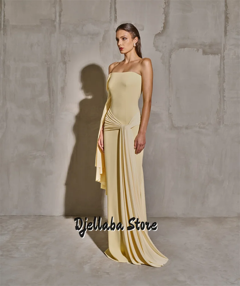 

Customized Yellow Long Evening Dresses 2025 Mermaid Muslim Pleated Floor Length Prom Dress فساتين السهرة For Women Elegant