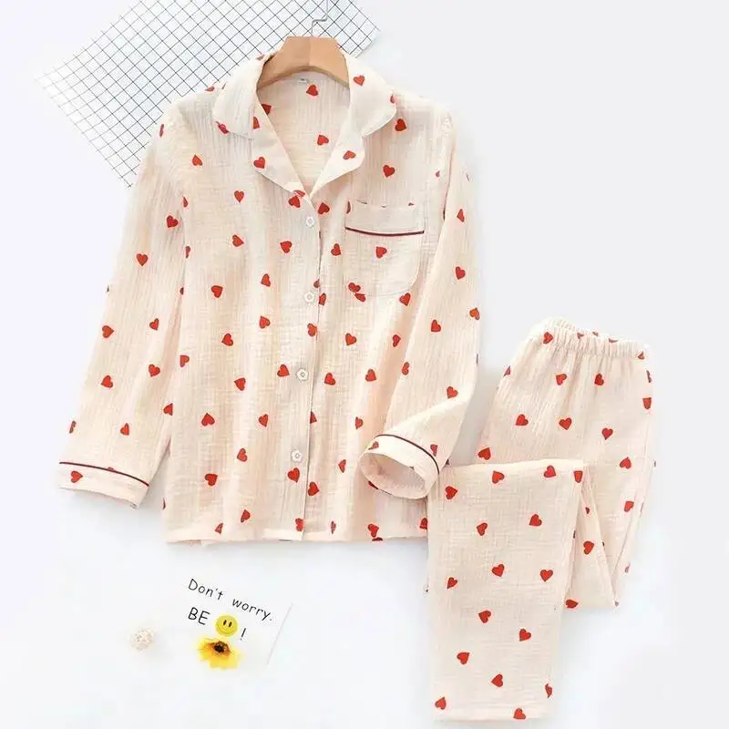 

Smal Heart Printing Pink White Colors Women Trousers Pama Set Cotton Sleepwear Clothes For Spring And Autumn Home Clothing