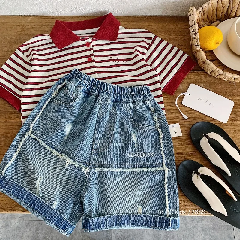 Childrens Denim Shorts 2026 Summer New Item Boys Fringed Embroidered Letter Middle Pants Girls Baby Stylish Pants
