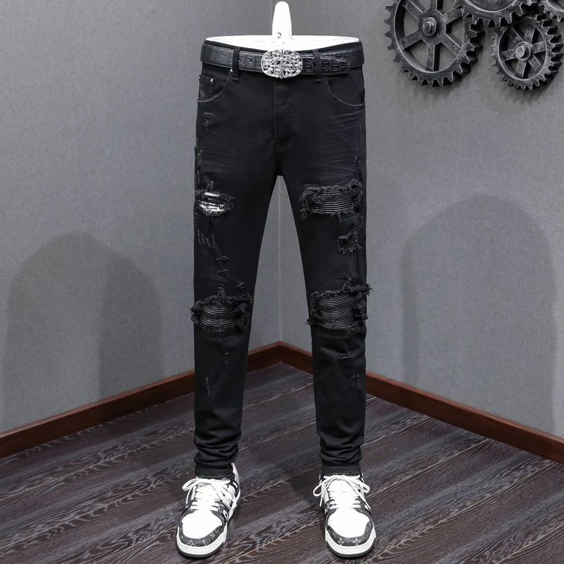 Designer Men's Black Stretch Slim Fit Jeans Fashional High Street Retro Hip-Hop Y2K Style New Arrivals