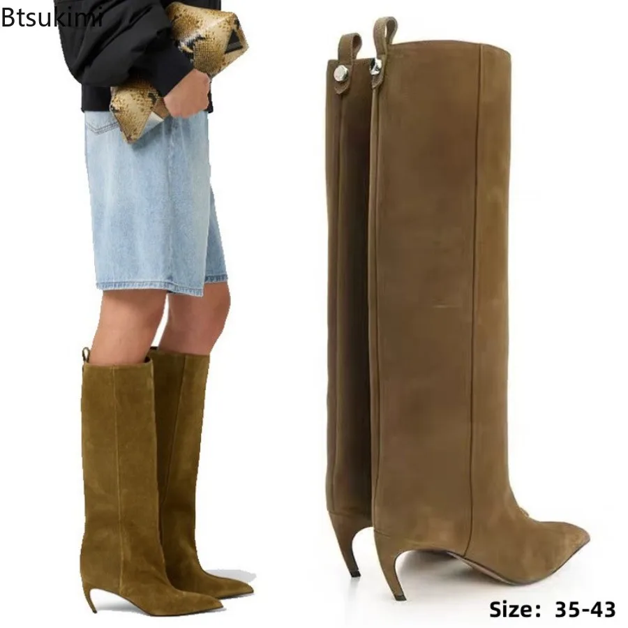 Winter New Pointed-Toe Kitten Heel Knee-High Boots Suede/leather Snakeskin Fashion Catwalk Slim Boots Solid Color Plus Size35-43