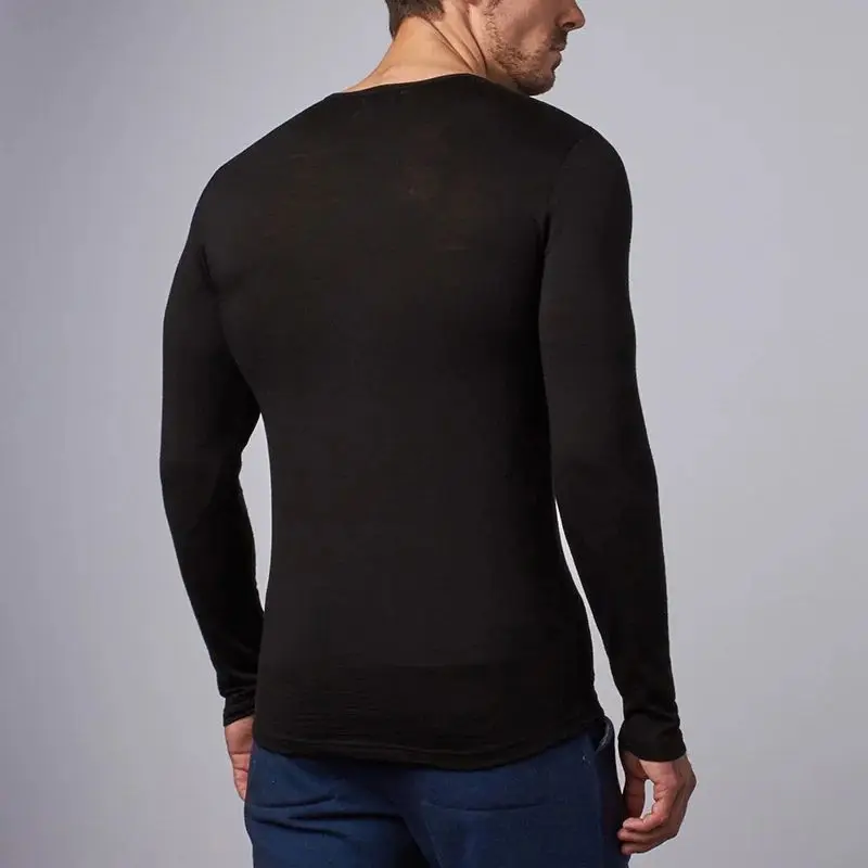 100% Merino Wool Men's Long Sleeve T-Shirt Thermal Base Layer Ultra Slim Fit Spring Season Nine Point Sleeve Henry Collar