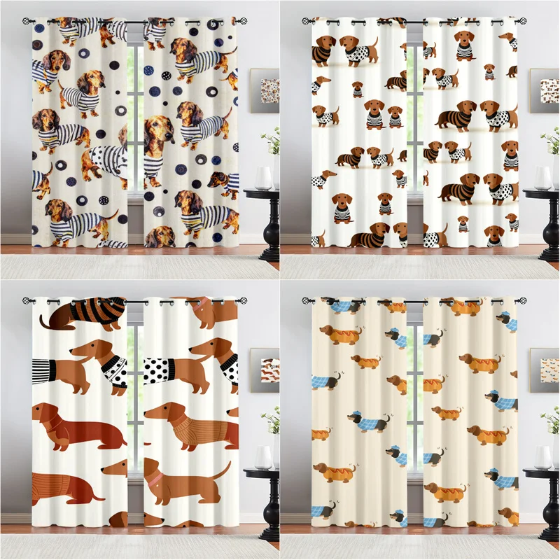 Cartoon Dachshund Print Curtains Thermal Insulated Window Drapes Set for Bedroom Living Room Kids Room Home Decor Light Blocking