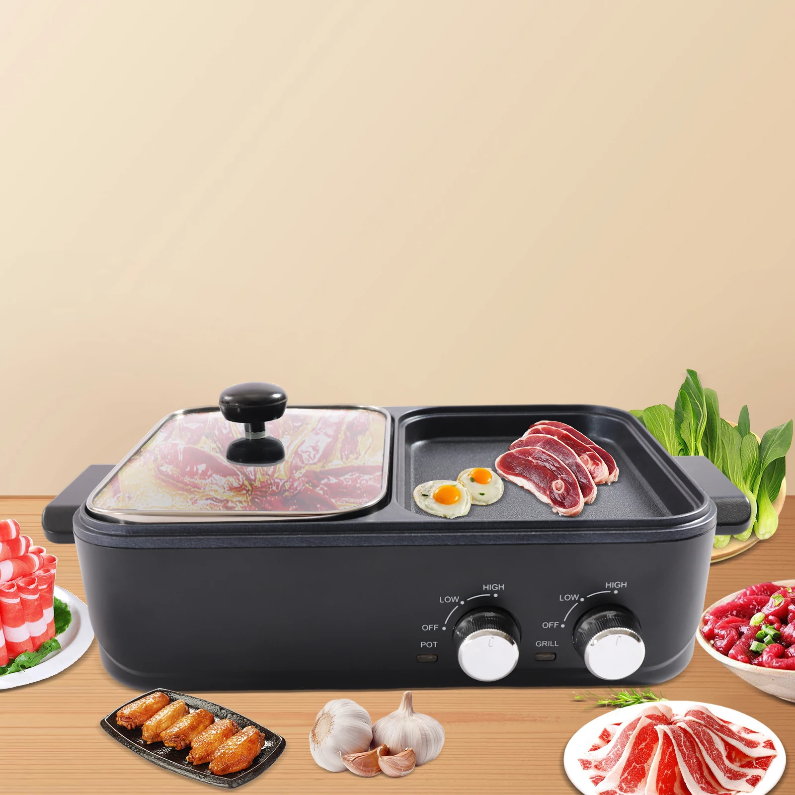 Olla caliente eléctrica 2 en 1 con parrilla de barbacoa, cocina Teppanyaki antiadherente portátil para el hogar