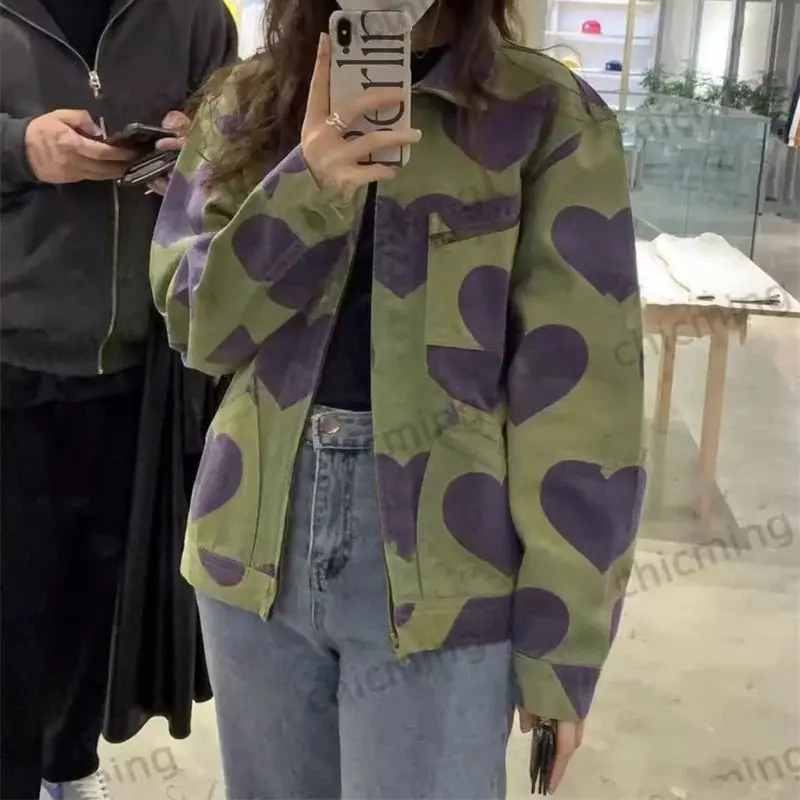 Green Korean Version Loose Heart Printed Zippered Jacket for Women's Lnstagram Fashion Neutral 2024 Autumn/Winter Rui Commuting