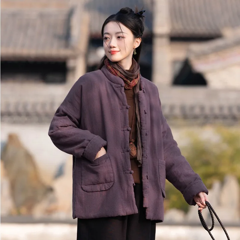 

Зимние женские винтажные однотонные парки Ramie, пальто в китайском стиле, 2021, новые парки с карманами на пуговицах для отдыха