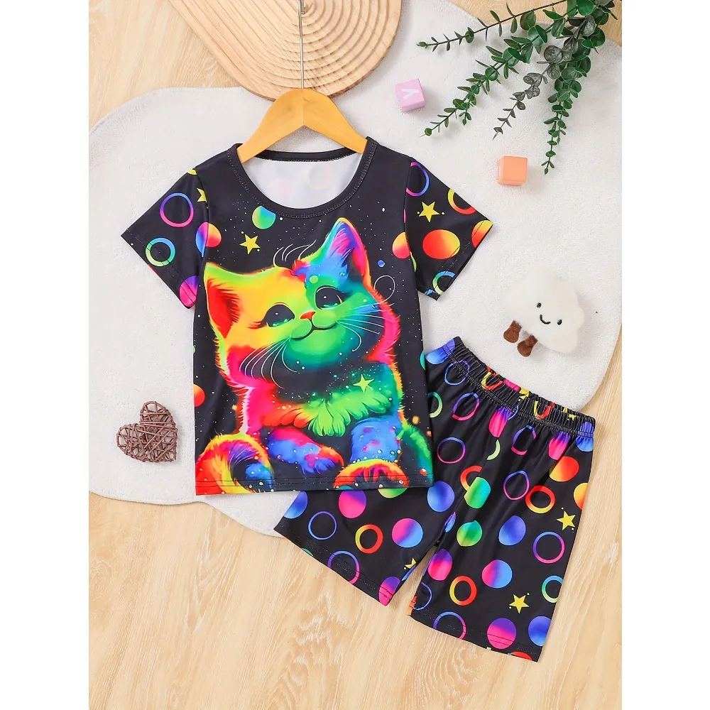 2024 Two Girls Cute Pajamas Set Fluorescent Colorful Cat Print Short-sleeved Shirt and Shorts Comfy Cute Princess Style Pajamas