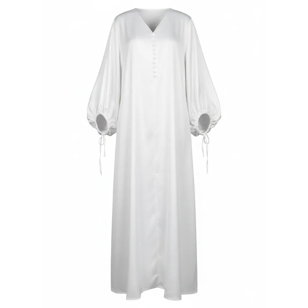 Greenora Women's Elegant Drawstring Puff Sleeves White Church Dress Loose Solid Color V-Neck Button Evening Maxi Dresses