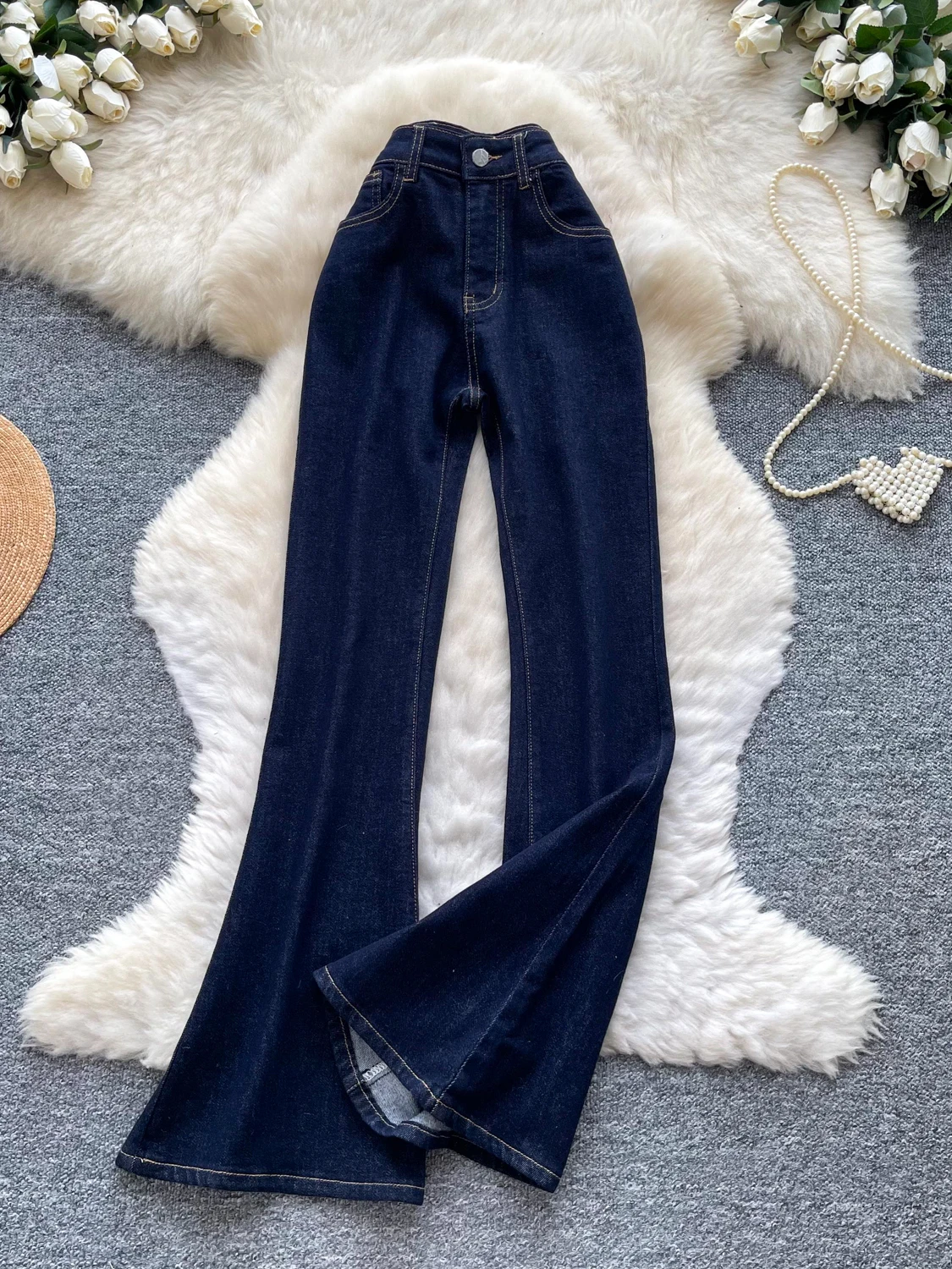 Retro High Waist Bell Bottom Jeans Women's Slimming Deep Blue Long Pants Versatile Autumn Fashion Medium Stretch Denim