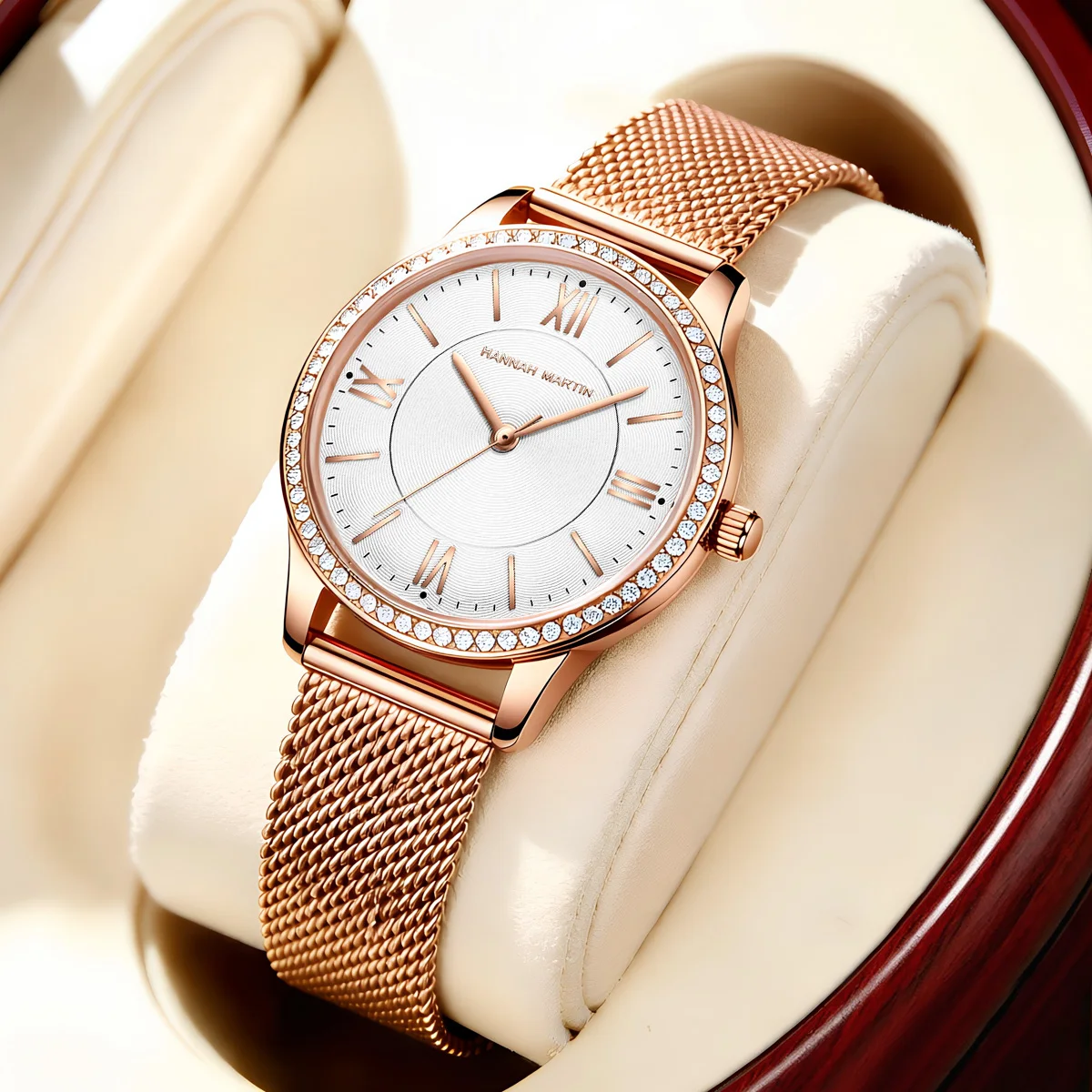 Hannah Martin Watch Women Rose Gold Stainless Steel Mesh 34mm Luxury Fashion Rhinestone Case Japanese Movement Quartz Gift Watch