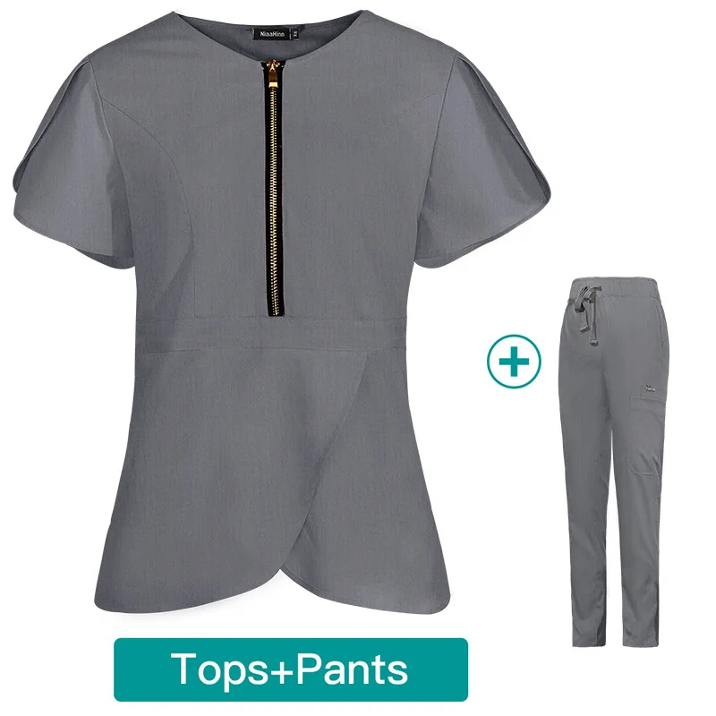 

Women's Slim Fit Nurse Uniform Stretch Professional Workwear Short Sleeve V-Neck Scrub Top High-Quality Summer Two-Piece Set