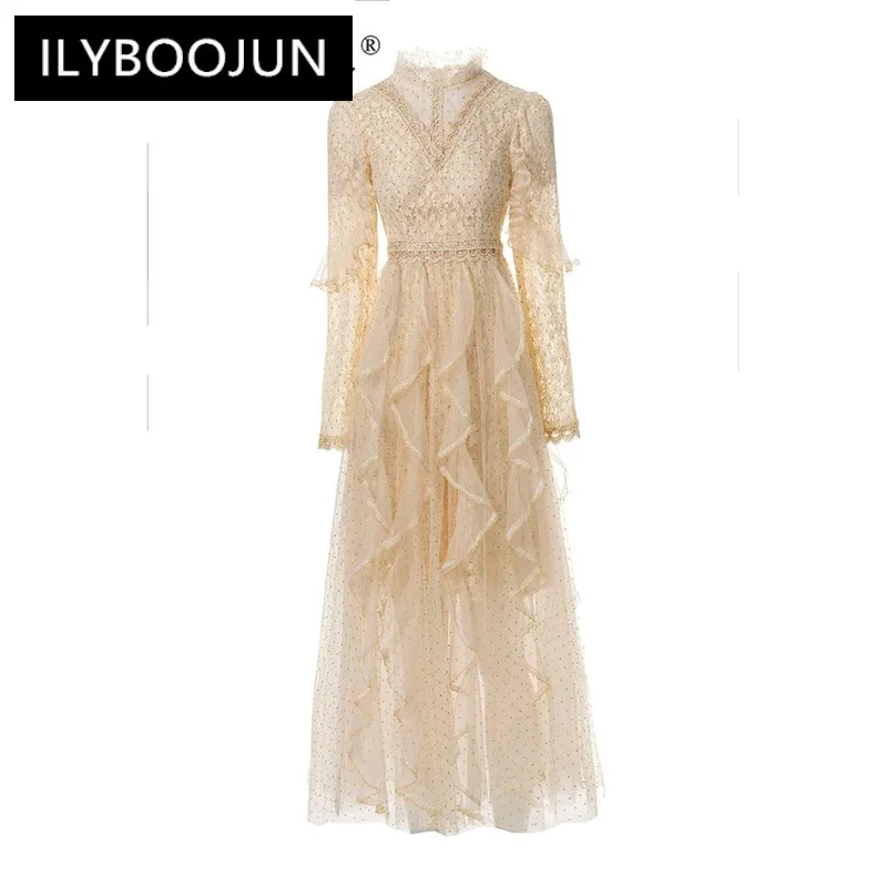 

ILYBOOJUN Fashion Designer High Quality Women Dress Vintage Princess Dot Print Embroidery Net Yarn Lace-up Ruffles Dresses