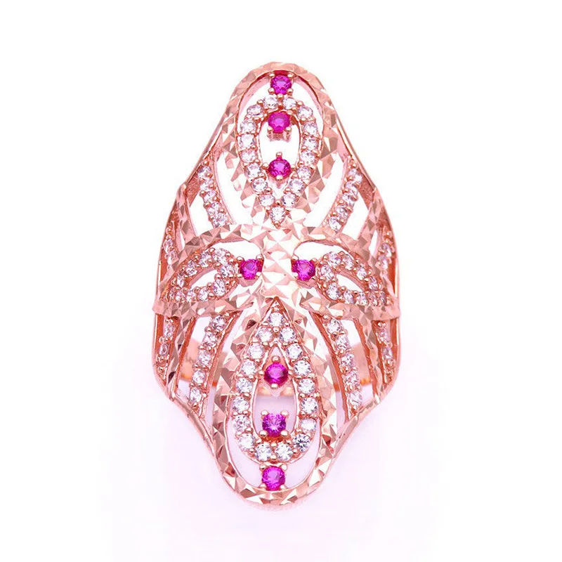 

585 Purple Gold 14K Rose Gold Wide Version Oval Ruby White CrystalOpenwork Design Luxury Engagement Wedding Ring Women's Jewelry