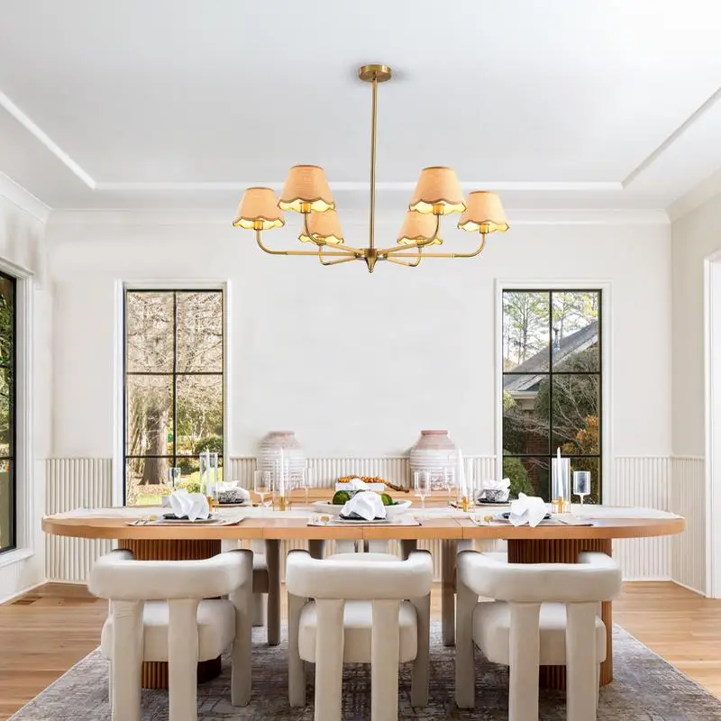 ثريا ذهبية مقاس 38 بوصة مكونة من 6 مصابيح مع غطاء من الروطان، تركيبات إضاءة متدلية لمنتصف القرن لغرفة الطعام أو غرفة المعيشة أو المطبخ (لمبة)