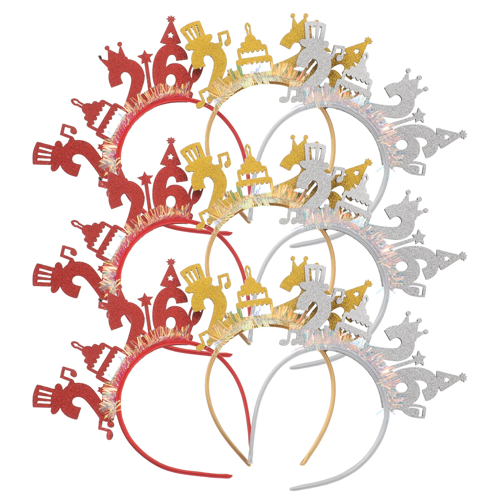 

9Pcs New Year Party Headbands 2026 Glitter Felt Cloth Hair Hoops Photo Props Red Gold Silver Festive Accessories Celebration