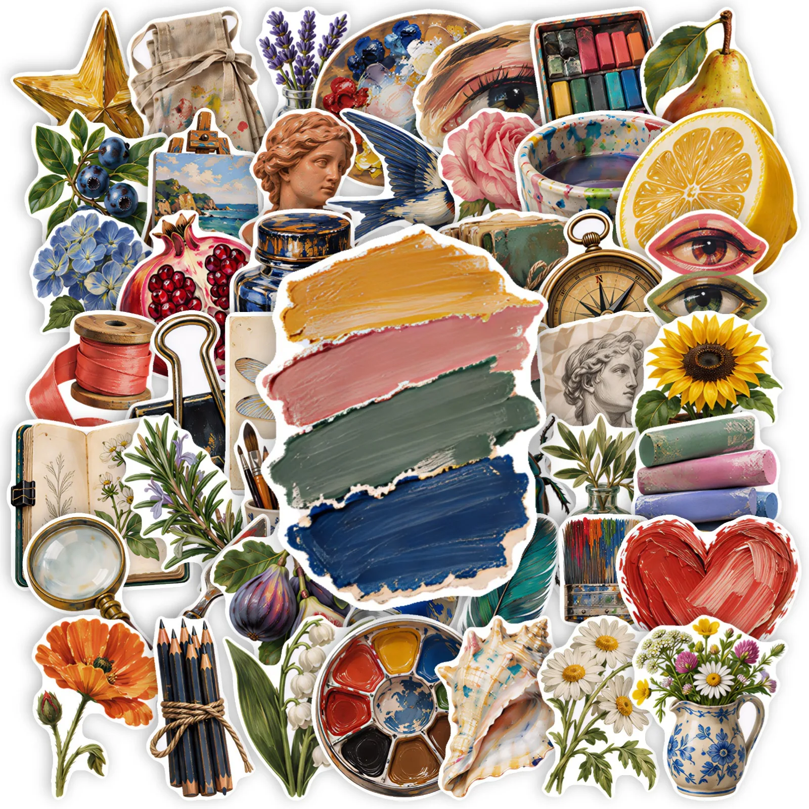 50 PCS Retro Oil Painting Watercolor Exquisite Art Stickers Scrapbook Window Vase Phone Case Laptop Waterproof Decals