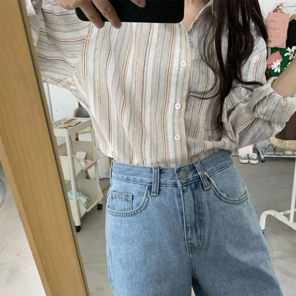 Women Regular Fit Shirt Retro-inspired Women's Shirt Color-blocked Stripes Patch Pocket Single Breasted Style Single Breasted