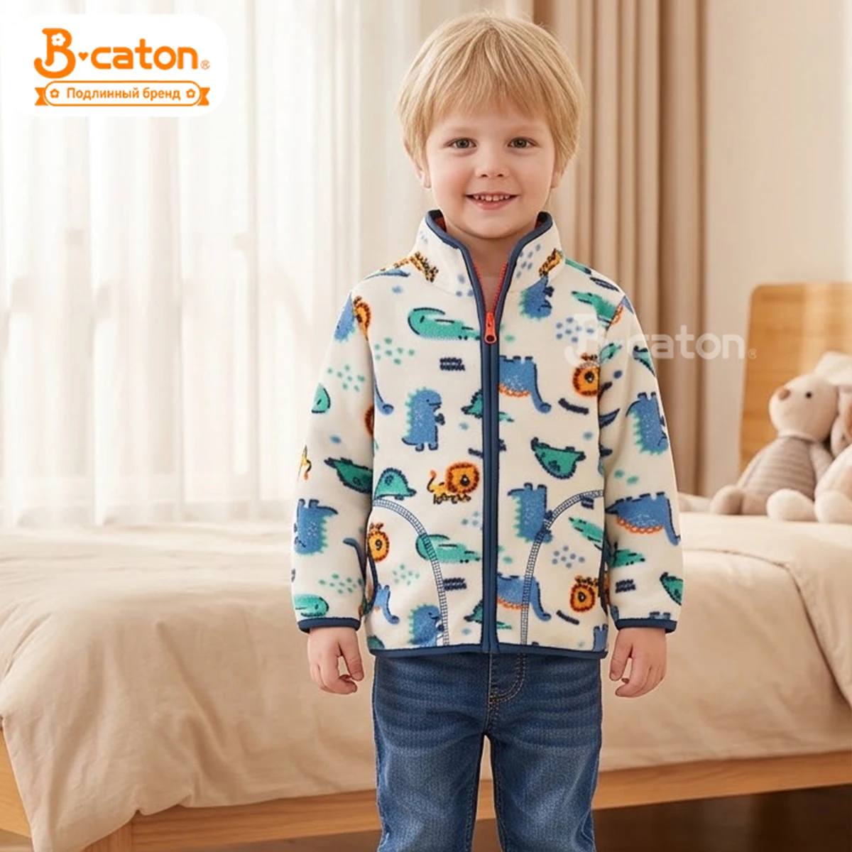 Children Cartoon Dinosaur Fleece Coat Boys Girls Warm Stand Collar Zipper Jacket Autumn Winter Outerwear