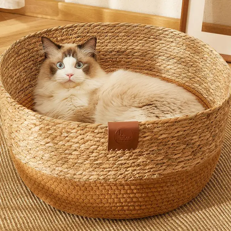 Cat Basket Bed Rattan Weave Pet Furniture Cat Bed Basket Nest Wicker Dog Bed Cat Scratching Board Cozy Kitten Bed For Cat