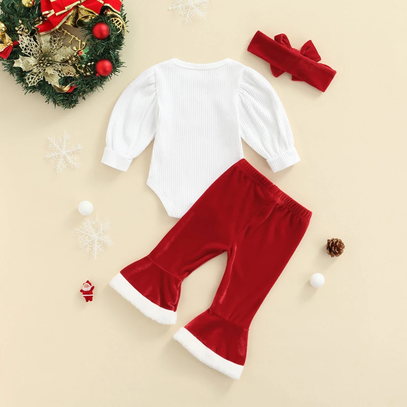 Newborn Baby Girl Christmas Outfit with Puffy Long Sleeve Romper Velvet Bell Bottoms and Matching Headband Set -