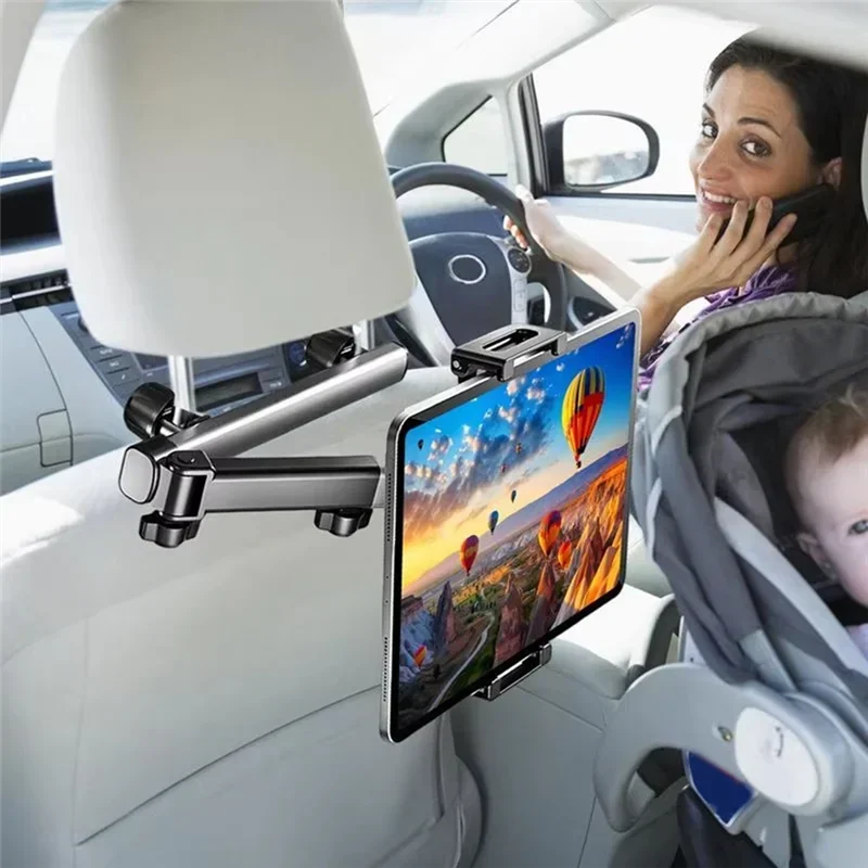 360° Drehbarer Aluminiumlegierung Auto-Kopfstützen-Tablethalter für 6-12,9 Zoll Handy/Tablet Teleskopische Tablet-Halterung fürs Auto – Detail 3