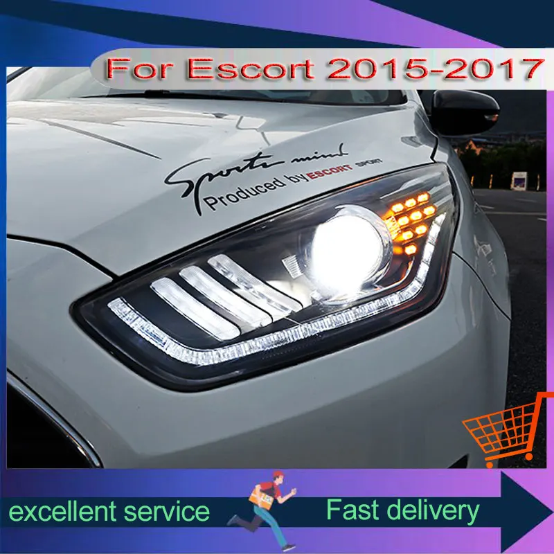 Automobile Lights For Ford Escort 2015-2017 Headlight Assembly Refit Mustang Style LED DRL Dual Projection Lens Xenon Front Lamp